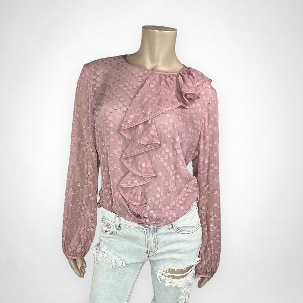 TRINA TURK Pink Shimmery Polka Dot Ruffled Long Sleeve Blouse L